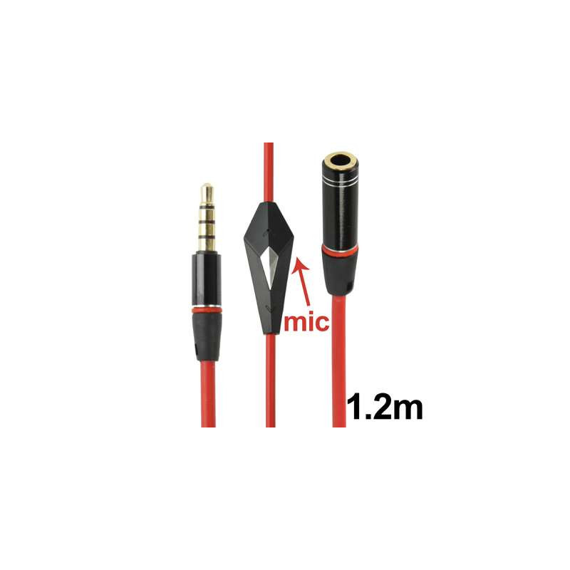 Rallonge stereo - rouge - jack 3.5 mm - male femelle - avec micro - 1.2 m -