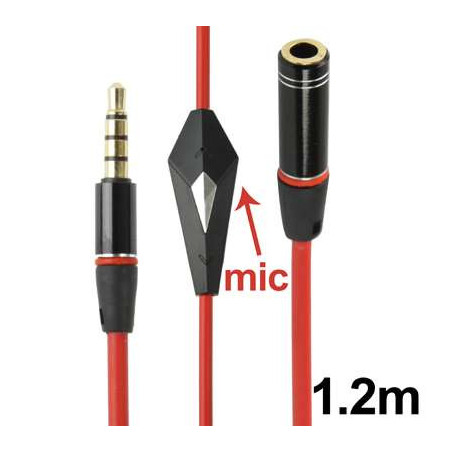 Rallonge stereo - rouge - jack 3.5 mm - male femelle - avec micro - 1.2 m -