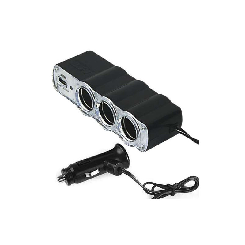Adaptateur allume cigare triple et prise USB avec câble