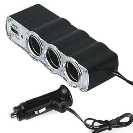 Adaptateur allume cigare triple et prise USB avec câble